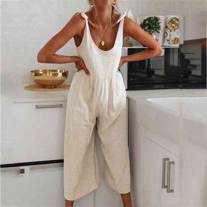 Bowknot Casual Lace Up Solid Jumpsuit Femmes Lâche Plus La Taille Sans Manches Large Jambe Salopette 210427