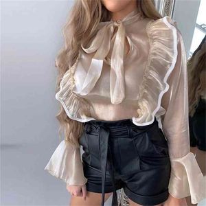 Bowknot Flare Sleeve Blouse Tops Femmes Ruffle Mesh Long Office Ladies Printemps Automne Glitter Shirt 210427