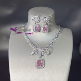 Bowknot Lab-Conjunto de joyería de diamantes rosas, oro blanco de 14 quilates, pendientes de boda de compromiso, collar para mujer, regalo de promesa nupcial