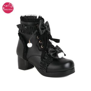 Bowknot Med Edeeeeys Ruches Sweet Boots Heel Heels Shoelace Gothic Lolita Style Ankle Japanese Haruku Dames schoenen Big Size 43 814