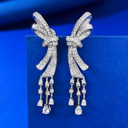 Pendientes colgantes de diamante de moissanita con lazo Plata de Ley 925 100% auténtica pendientes colgantes para boda para mujer regalo de joyería nupcial