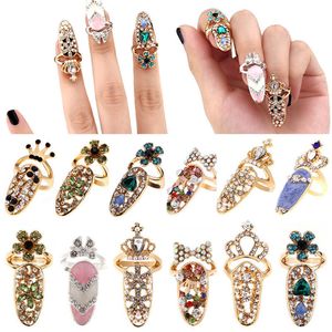 Strik Nail Ring Charm Crown Flower Crystal Finger Nail Ringen Voor Vrouwen Lady Strass Vingernagel Beschermende Mode-sieraden