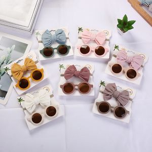 Bowknot nylon hoofdband zonnebril set voor kinderen zomeraccessoires hoofddeksels babymeisjes schattige rirpe boog tulband glazen pak