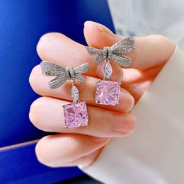 Bowknot Original 925 Sterling Silver Dange Earring Roze Diamond Jewelry Party Wedding Drop oorringen voor vrouwen Bridal Bijou