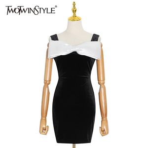 Bowknot patchwork jurk voor vrouwen vierkante kraag mouwloze hoge taille min slanke jurken vrouwelijke zomer mode 210520