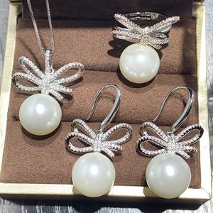 Bowknot Pearl Diamond Jewelry Set 925 Sterling Silver Engagement Wedding Rings oorbellen ketting voor vrouwen bruidsbelofte cadeau