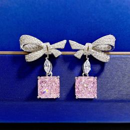 Bowknot Pink Diamond Dange Earring 100% Real 925 Sterling Silver Wedding Drop oorbellen voor vrouwen Bridal Promise Sieraden Gift