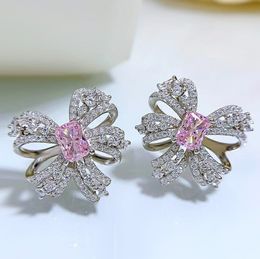 Bowknot rose Moissanite diamant boucle d'oreille 100% réel 925 argent sterling promesse boucles d'oreilles de mariage pour les femmes fête bijoux cadeau