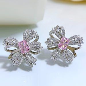 Bowknot Pink Moissanite Diamond Stud Earring 100% Real 925 Sterling Silver Promise Wedding Earrings For Women Party Sieraden Gift