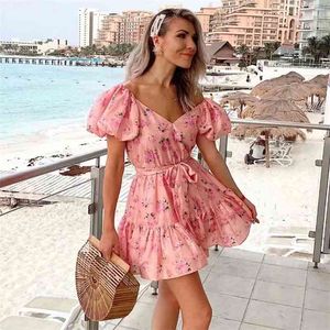 Bowknot print boho zomerjurk voor vrouwen bladerdeeg vintage bloemen strand korte mini roze vestidos 210427