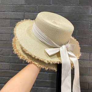 Chapeaux de paille avec ruban à nœud papillon, casquettes de plage de vacances pour femmes, chapeau haut de forme plat pour l'été