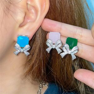 Boucles d'oreilles bowknot AAA zircon cubique designer 925 boucles d'oreilles en argent sterling bijoux bleu rose diamant boucle d'oreille pour femme cadeau de luxe multicolore taille 1,5 cm
