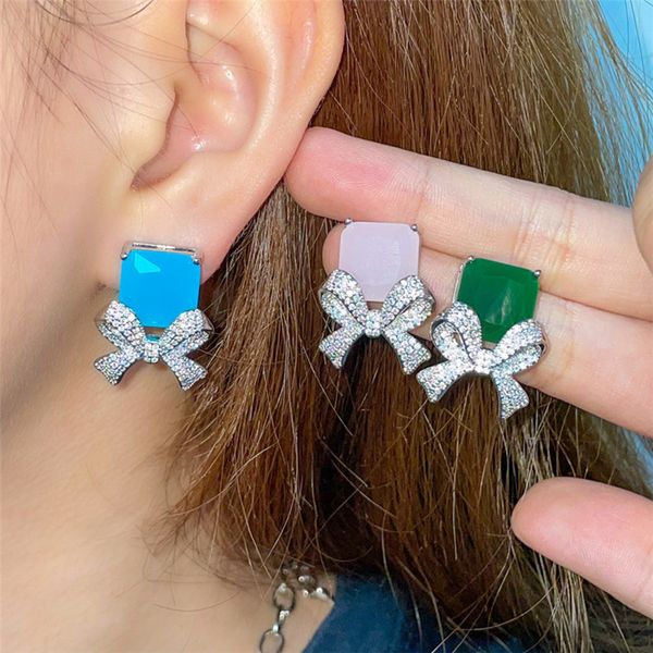 Pendientes de lazo con diseño de circonita cúbica AAA, joyería de plata de ley 925, pendiente de diamante azul y rosa para mujer, regalo de lujo, multicolor, tamaño 1,5 cm