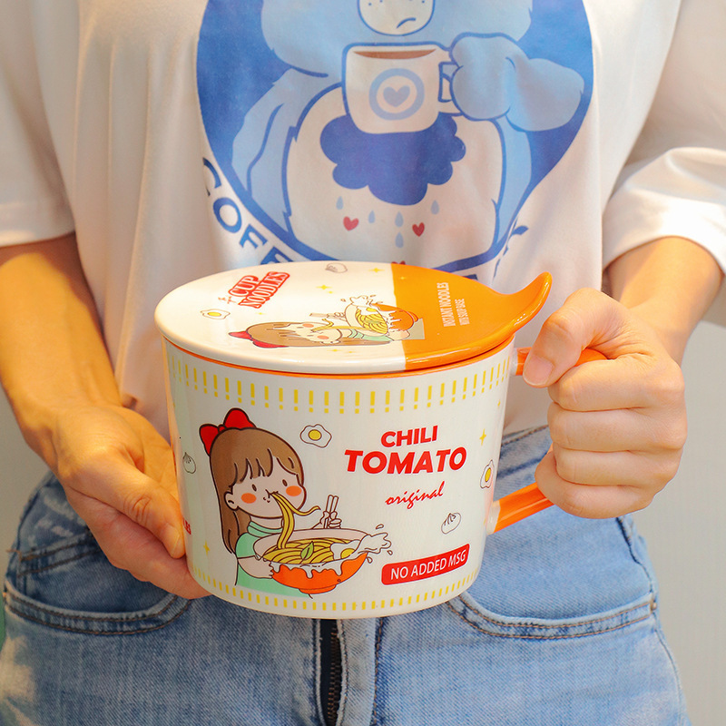 Bowl 950 ml Cartoon Instant Noodle With Cover Salad Ceramic Soup Handle Cup Student Office Lunch Box Girl Girl 221206