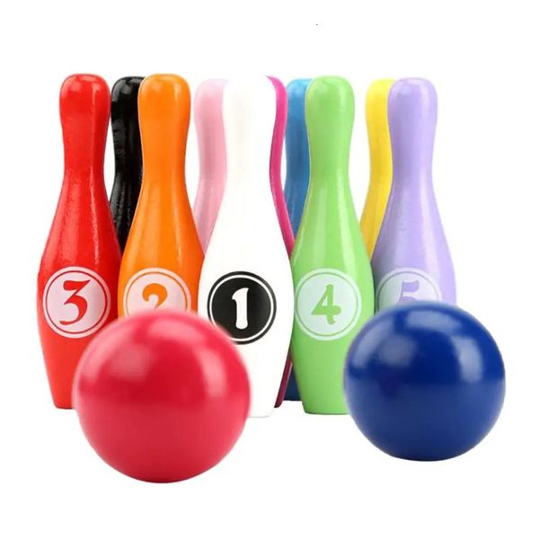 Bowling 12 pièces jeu de couleurs en bois 10 broches 2 jeu de balle jouet de Sport en plein air 231115