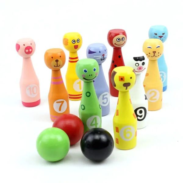 Bowling 13 pièces ensemble en bois 10 broches 3 balles jeu d'animaux pour enfants XXUF 231115