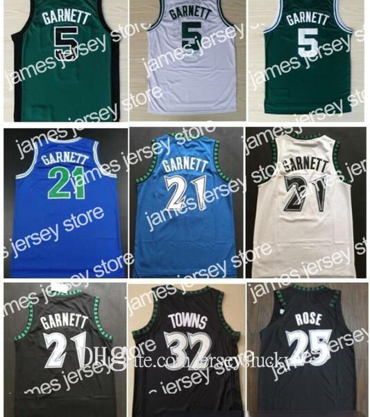 Camisas de bolos de calidad superior # 21 Kevin Garnett Jerseys Negro Azul Blanco Camisas cosidas Derrick 25 # Rose Jersey Karl-Anthony 32 # Towns Andrew 22 # Wiggins