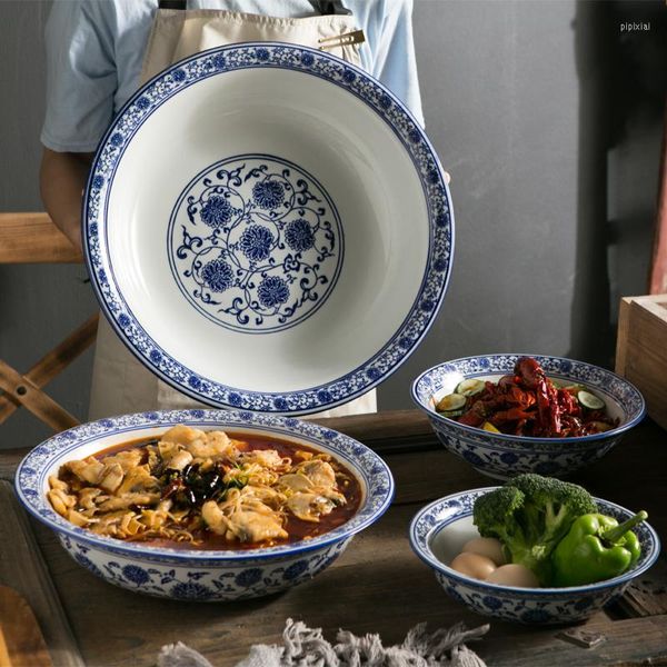 Bols 10-12 pouces pour restaurants El Ménage Vaisselle Céramique Bleu Blanc Style Boeuf Ramen Bol Nouilles Instantanées