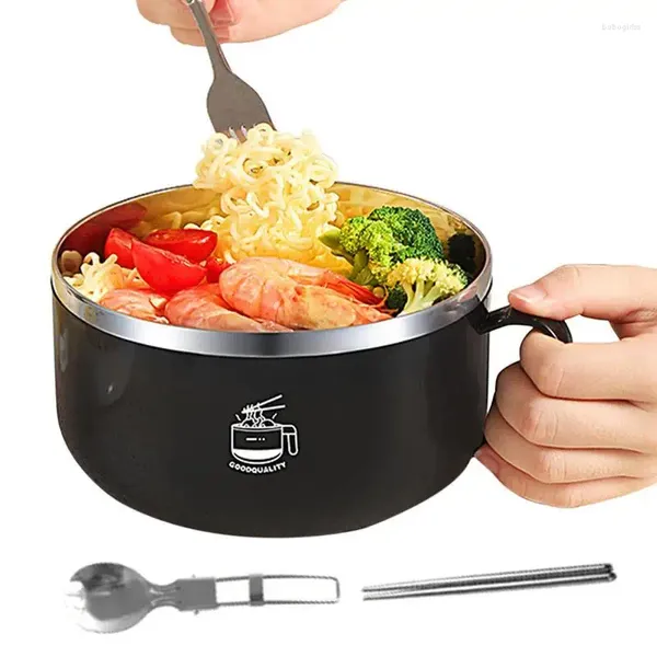 Bols Bol Ramen avec couvercle 1000 ml, nouilles instantanées en acier inoxydable 304, salade de fruits, soupe de riz, grande boîte à déjeuner anti-brûlure