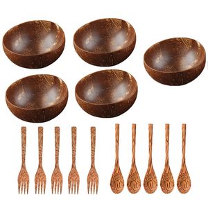 Tazones 12-15 cm Cuenco de coco natural Vajilla de madera Juego de cucharas Coco Artículo de cocina Arroz Ramen Ensalada Vajilla decorativa para el hogar Verano 230625