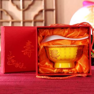 Bols 1PC chinois de bon augure rouge bol d'anniversaire cuillère à soupe Jingdezhen céramique os chine riz vaisselle ensemble cadeau boîte vaisselle