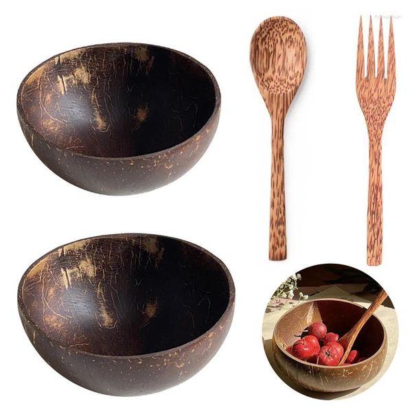 Bols 1pc coco bol en bois fait à la main pour manger la vaisselle fourche à la cuillère à la cuillère à fruits à fruits mélange du riz