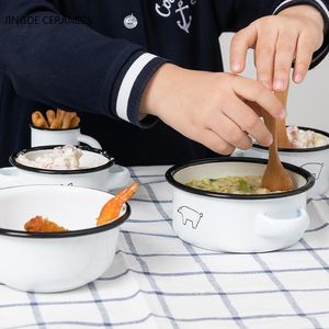 Kommen 1 st schattig look Emaille kleine kom kopje babygerei soep noedel salade rijst rijst huis keuken servies met hendel