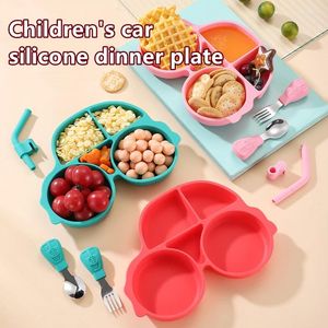 Kommen 1set siliconen baby voeding kom schattig cartoon servies niet-slip lepel vork rietje bpa gratis