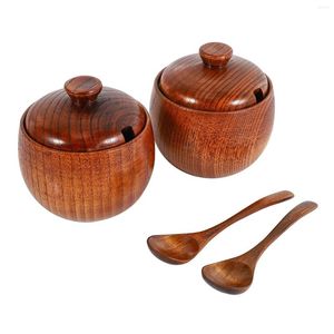 Bols 2pcs pot à épices assaisonnement peut sucrier avec couvercle cuillère boîte de rangement en bois pot pots de sel récipient de cuisine C