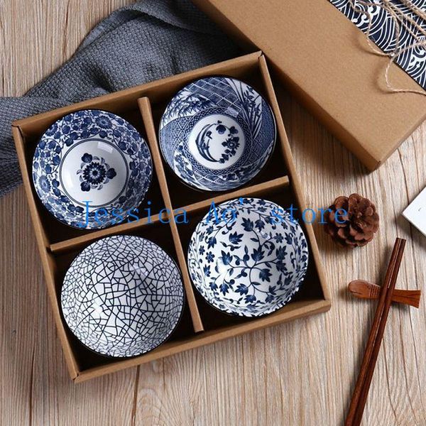 Cuencos 4 Uds 11cm arroz chino azul y blanco con embalaje de regalo vajilla de cerámica en relieve antideslizante juego de tazones de boda
