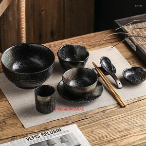 Bols 7/10 pièces bol en céramique japonais ensemble de dîner rétro noir mat couleur Restaurant produits Elware vaisselle pour Pot