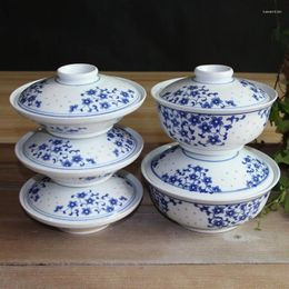 Bols 7/8 pouces Jingdezhen en céramique Soup bol wid couvercle sous-glaçure en porcelaine bleu et blanc ramen de table chinoise vintage Tableens