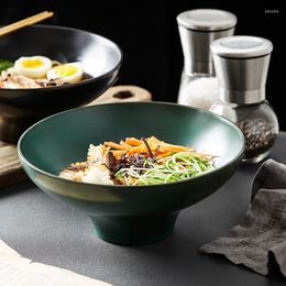 Cuencos de cerámica japonesa de 8 pulgadas, cuenco de pie alto, plato de cena verde negro, vajilla de gran capacidad para el hogar, fideos, sopa, ensalada, restaurante