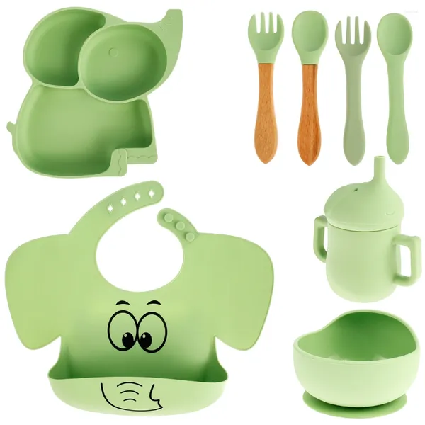 Bols 8pcs ensemble d'alimentation pour bébé - Vide à la vaisselle en silicone avec plaque d'aspiration Spoon fourchette de boisson réglable