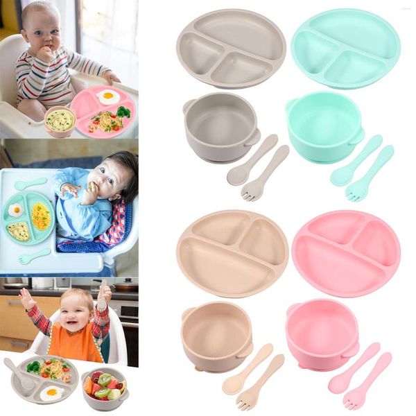 Bols 8 pièces ensemble d'alimentation pour bébé avec cuillère fourchette assiettes d'aspiration antidérapantes et vaisselle en Silicone réutilisable lave-vaisselle