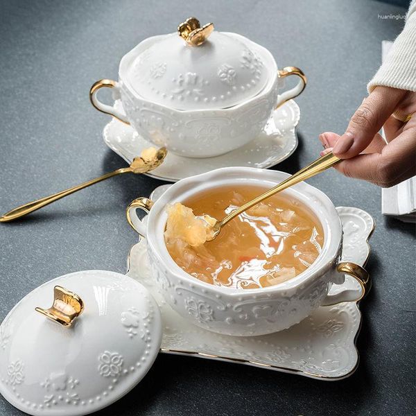 Bols nid d'oiseau bol Dessert petite vaisselle tasse à soupe en relief avec couvercle ragoût en céramique créatif ménage santé vaisselle ensemble