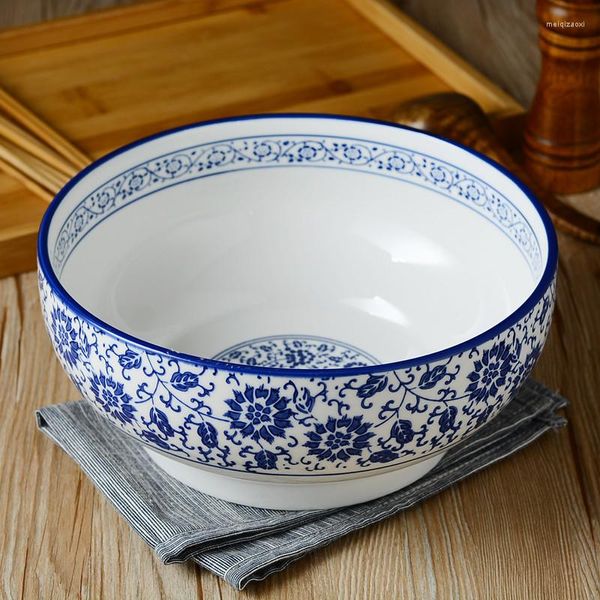 Cuencos Cuenco de fideos de porcelana azul y blanca Cerámica Gran porción Postre chino Macetas redondas Platos de ramen