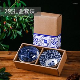 Bols Ensemble de vaisselle en porcelaine bleue et blanche, bol en céramique, boîte-cadeau, assiette japonaise