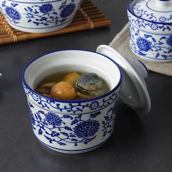 Bols porcelaine bleu et blanc avec soupe de couvercle ragoût d'oeuf à la vapeur maison en céramique petit outil de cuisine