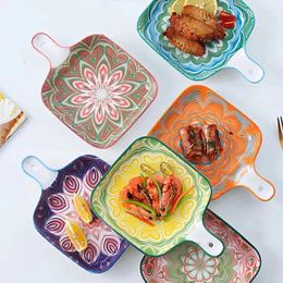 Kommen Boheemse keramische vierkante salade diner borden schotel porselein bakplaat bakplaat enkel handvat bakware Japans huishoudelijk servies