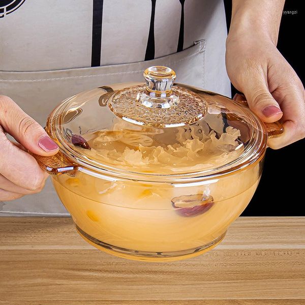 Bols en verre brun avec couvercle Binaural bol de nouilles instantanées casserole poêle marmite pour cuisine fruits salade cristal four à micro-ondes