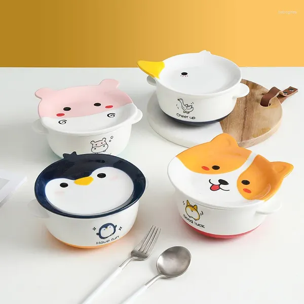 Tazones de cerámica animal lindo tazón ramen ensalada de fideos instantáneos arroz con tapa bebé dulzura de dibujos animados de dibujos animados kawaii vajilla