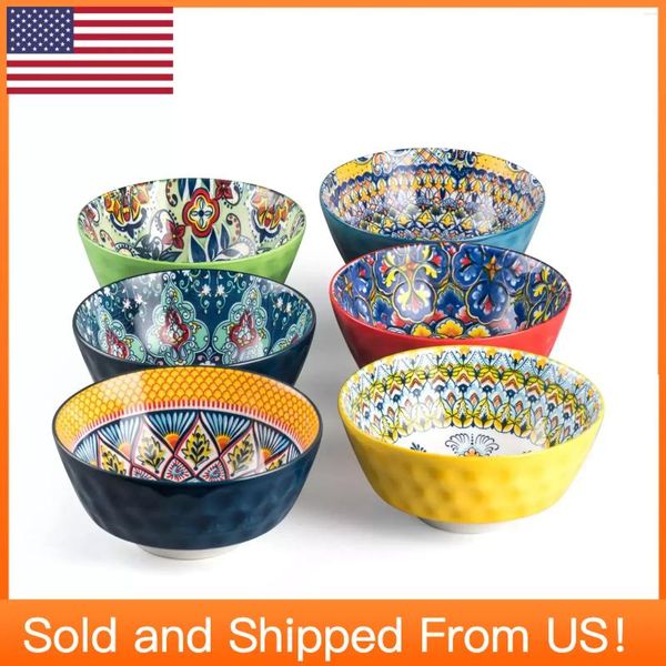 Tazones de cereal de cerámica Juego de 6 - 25 oz de porcelana colorida de colorida de profundidad que sirve multicolor