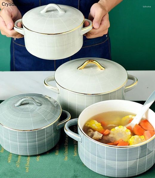 Cuencos de cerámica para cocina, olla para sopa con tapa, estilo europeo, soperas para el hogar, postre, ensalada, frutero, fideos antiescaldado, arroz