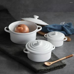 Bols Bol De Riz En Céramique Vaisselle Double Oreille Avec Couvercle Soupe Coupe-salade Simple Et Créatif