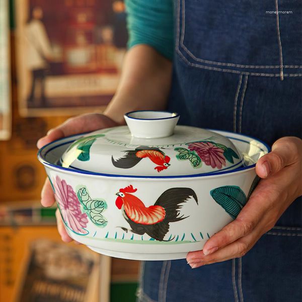 Bols bol de riz en céramique avec couvercle coréen rétro ménage coq soupe Pot El porcelaine vaisselle mijoté cuisine fournitures