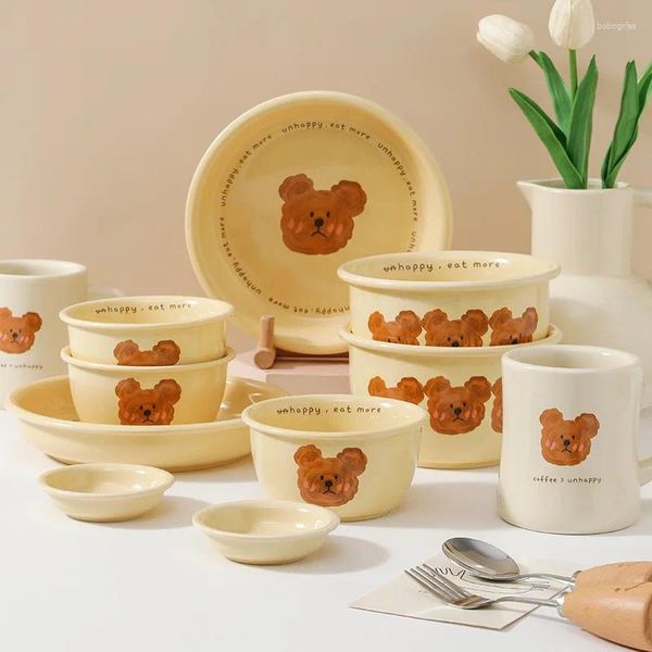 Tazones de vajilla de cerámica tazón de ramen lindo plato de oso de dibujos animados ensalada amarilla