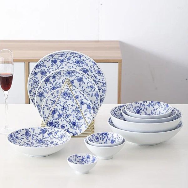 Tazones China Fina porcelana azul y blanco Juego de vajillas de estampado Vedina de la flor de la flor de la cena hecha a mano Tablero de mesa