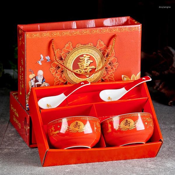 Bols Chinois De Bon Augure Vaisselle Ensemble Rouge Jaune Céramique Porcelaine Vaisselle Anniversaire Ramen Soupe Riz Bol Cadeau Pour La Décoration Intérieure
