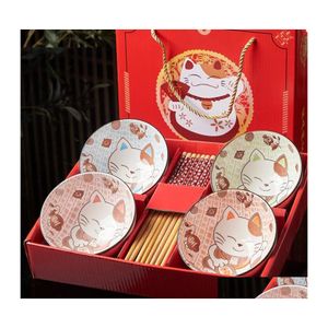 Bols Personnalité Chinoise Creative Chat Chanceux Bol En Porcelaine Bleu Et Blanc Ensemble Activités D'ouverture Vaisselle Cadeau Boxlx122801 Drop De Dhkcb